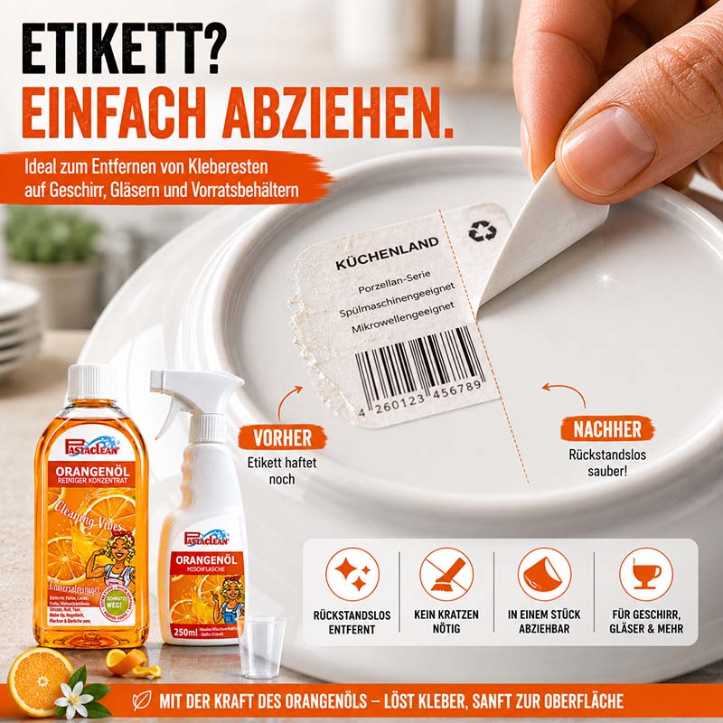 Pastaclean Orangenöl Reiniger Konzentrat zum rückstandsfreien Entfernen von Kleberesten auf Geschirr, Gläsern und Vorratsbehältern, sanft zu Oberflächen, 3x 500 ml Flaschen.