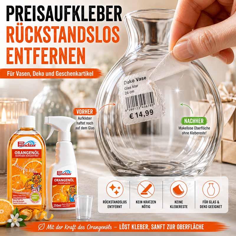 Pastaclean Orangenöl Reiniger Konzentrat, 3x 500 ml, entfernt rückstandslos Preisaufkleber von Vasen, Deko und Geschenkartikeln, wirkt ohne Kratzen, geeignet für Glas und Deko, sanfte Reinigung mit Orangenöl.