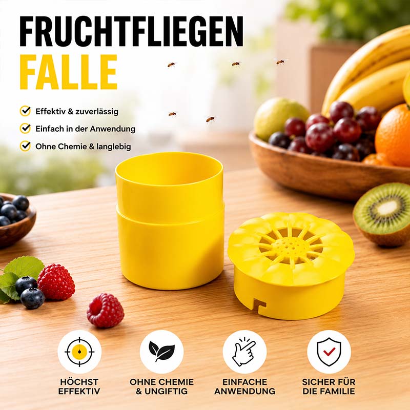 Fruchtfliegenfalle, effektive Obstfliegenfalle ohne Gift, 4 Stück, gelbes Design, sicher für Familie, einfache Anwendung, chemiefrei, langlebig, umgeben von Obst, ideal für Küche, umweltfreundliche Lösung gegen Fruchtfliegen.