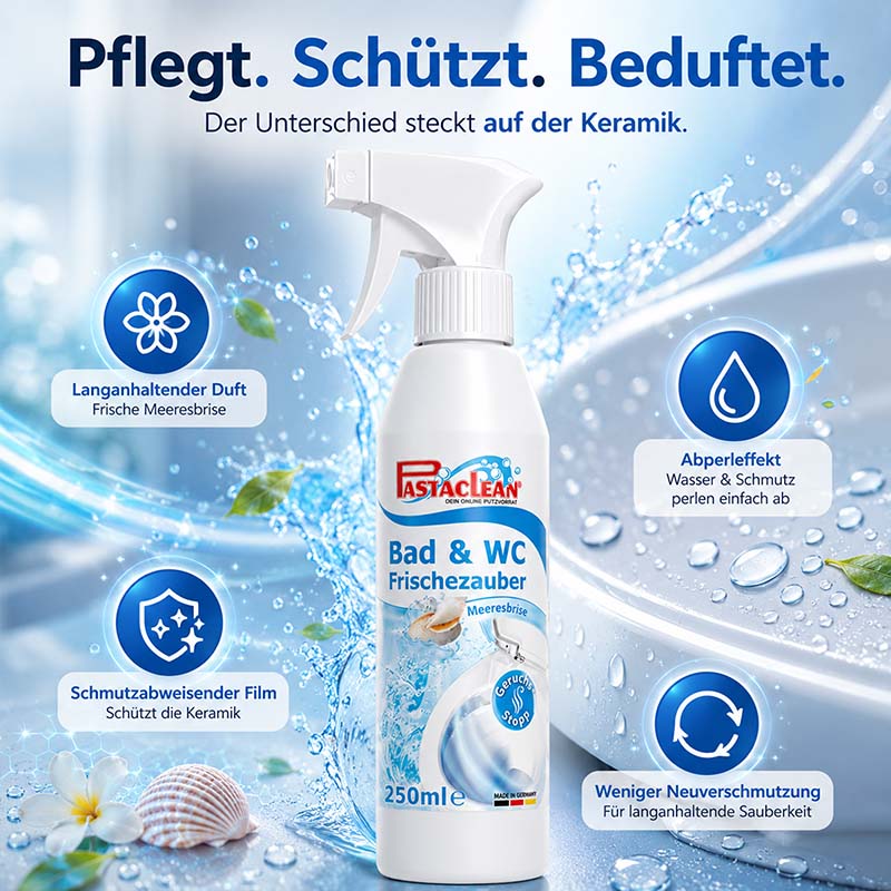 Bad & WC Frischezauber Duftspray Meeresbrise 250ml, langanhaltender Duft, schmutzabweisen, Abperleffekt, weniger Neuverschmutzung, Reinigung, Frische, Haushalt, Pastaclean, 2x 250ml, Badezimmer, Toilette, Hygiene, Sauberkeit.