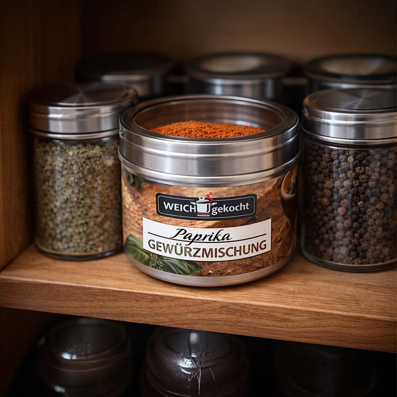 Gewürzbehälter - Edelstahl Gewürzdose mit Sichtfenster, 60 x 50 mm, ideal zur Aufbewahrung von Paprika Gewürzmischungen, Küchenzubehör, Vorratsbehälter für Gewürze, aromadicht, stapelbar, modernes Design, platzsparend, langlebig, hygienisch.