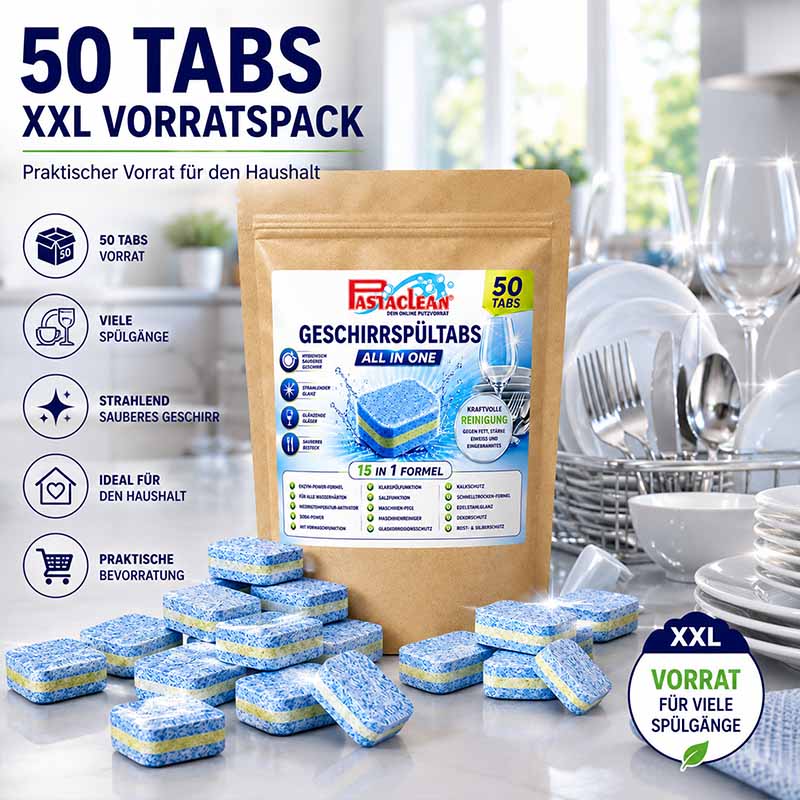 XXL Vorrat Spülmaschinentabs 50 Tabs All-In-One Geschirrspültabs starke Fettlösekraft für strahlend sauberes Geschirr, vielseitig für viele Spülgänge, ideal für den Haushalt, praktische Aufbewahrung