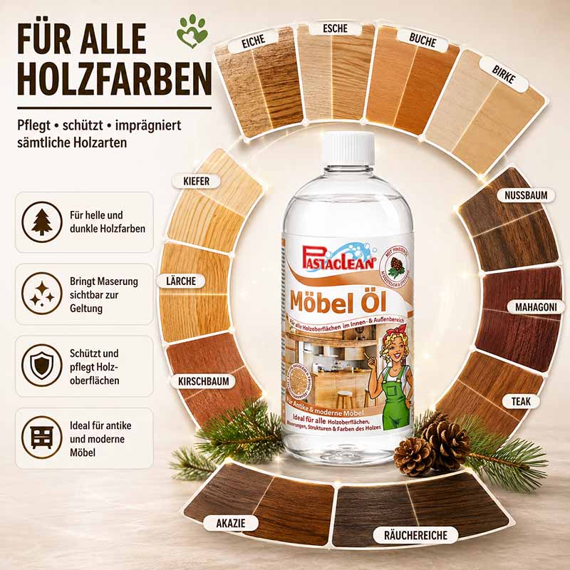 Pastaclean Möbelöl für alle Holzarten, 750 ml, pflegt und schützt Holzoberflächen, ideal für helle und dunkle Holzfarben sowie antike und moderne Möbel im Innen- und Außenbereich.