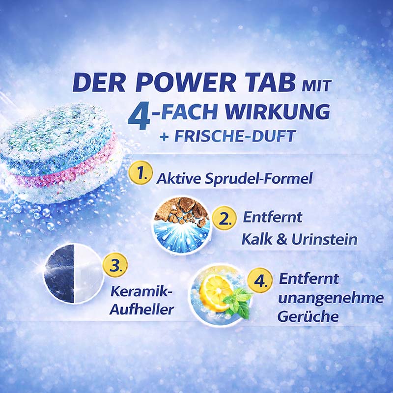 Pastaclean WC Tabs, 50 Stück, 4-fach Wirkung, WC-Reiniger, Spülkasten, Urinale, aktive Sprudelformel, entfernt Kalk, Urinstein, Keramik-Aufheller, frischer Duft, entfernt Gerüche, effiziente Reinigung, Toilettenpflege.