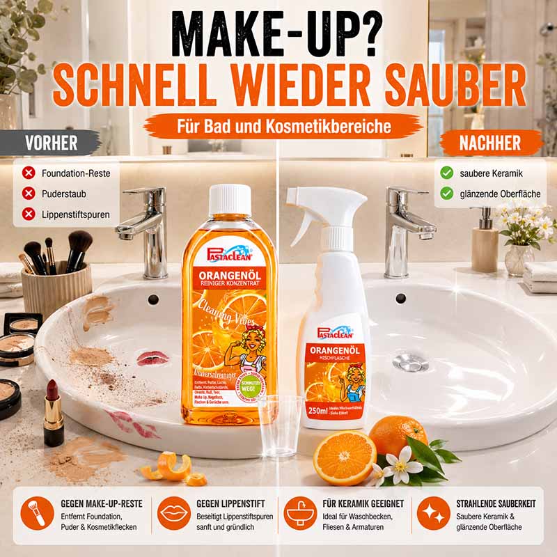 Pastaclean Orangenöl Reiniger Konzentrat für Bad und Kosmetikbereiche, entfernt Foundation, Puder und Lippenstiftspuren, geeignet für Waschbecken, Fliesen und Armaturen, sorgt für strahlende Sauberkeit und glänzende Oberflächen.