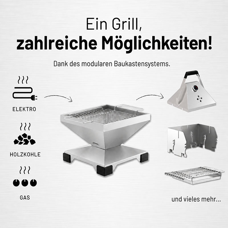 THÜROS T2 Edelstahl Tischgrill 35x35 cm, modularer Holzkohlegrill, Elektro- und Gasoptionen, kompakter Grill für Balkon, Garten, unterwegs, vielseitiger Einsatz, grillen, BBQ, Outdoorküche, Baukastensystem, Edelstahl, hoher Suchvolumen, leicht transportie