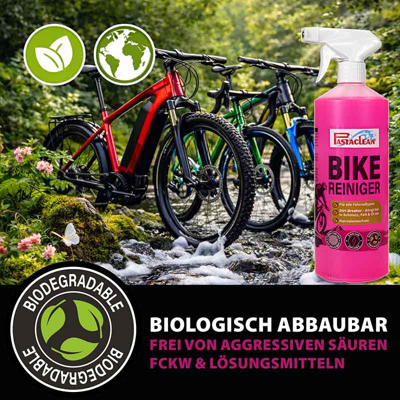 Fahrradreiniger 1 Liter, biologisch abbaubar, für alle Fahrradtypen geeignet, ohne aggressive Säuren, FCKW und Lösungsmittel, zeigt drei Fahrräder in natürlicher Umgebung, Bike Cleaner Spray Flasche sichtbar, umweltfreundlich.