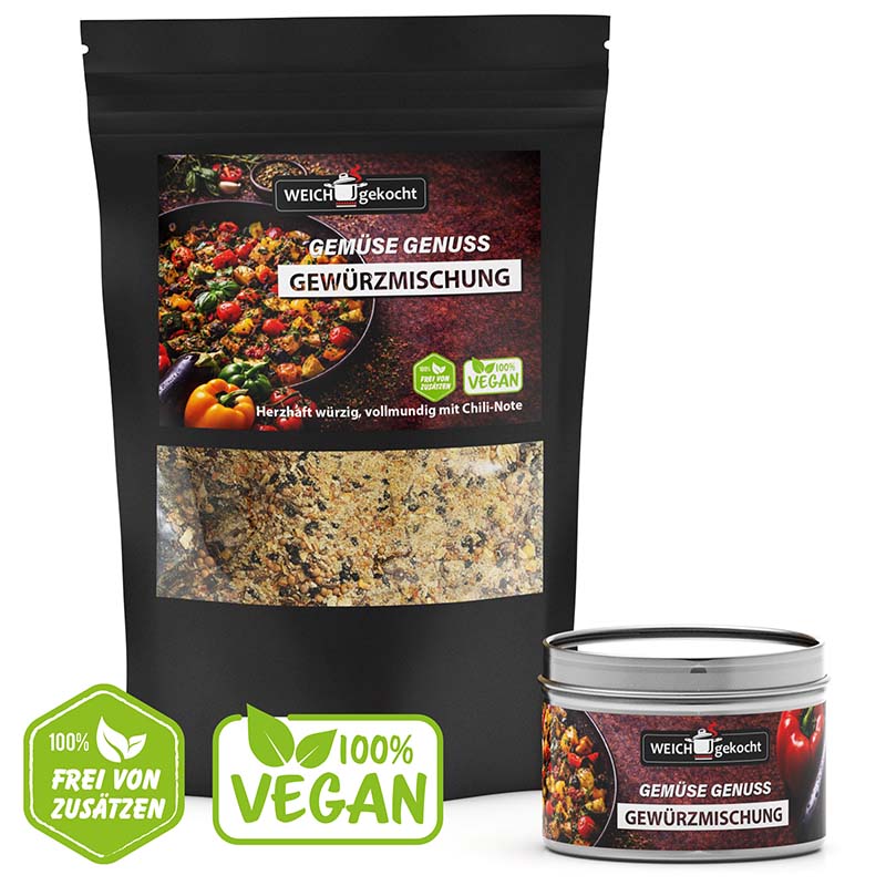 Gemüse Genuss Gewürze Set, Würzmischung 100 g, Dose, herzhaft würzig, vollmundig mit Chili-Note, 100% vegan, frei von Zusätzen, ideal für Gemüsegerichte, hochwertige Zutaten, Geschmacksintensität, aromatisch, Produktabbildung.