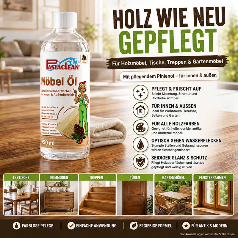 Pastaclean Möbelöl mit Pinienöl 750 ml zur Pflege von Holzmöbeln, Tischen, Treppen und Gartenmöbeln für Innen- und Außenbereich, geeignet für alle Holzfarben, bietet Schutz und frisches Aussehen.