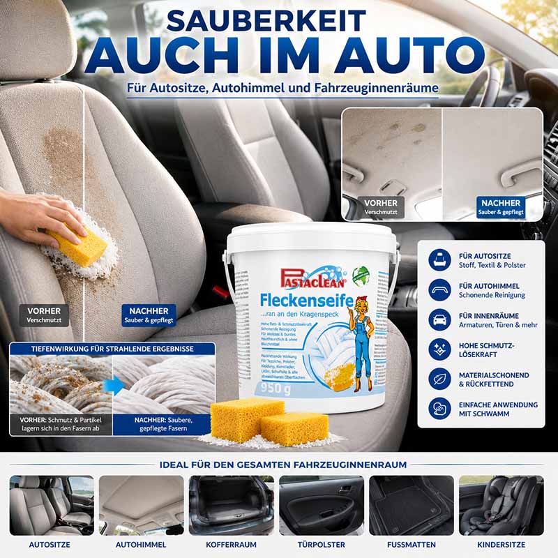 Pastaclean Fleckenseife 950g, Ochsen Gallseife, Auto Reinigung, Autositze, Autohimmel, Innenraum, Schonende Reinigung, Hohe Schmutzlösekraft, Materialschonend, Einfache Anwendung mit Schwamm, Tiefenwirkung für strahlende Ergebnisse, Vorher-Nachher Verglei