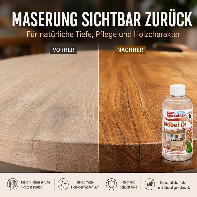 Pastaclean Möbelöl mit Pinie 750 ml zur Pflege und Schutz von Holz, bringt natürliche Maserung zurück und frischt matte Holzoberflächen auf, ideal für Holzmöbel und Holzcharakter.