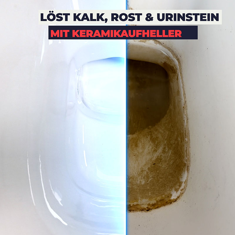 Pastaclean WC Tabs, WC-Reiniger für Toiletten, Spülkasten und Urinale, entfernt Kalk, Rost und Urinstein, mit Keramikaufheller, 50 Stück, Produktabbildung Reinigungseffekt auf Toilette, Vorher-Nachher-Darstellung.