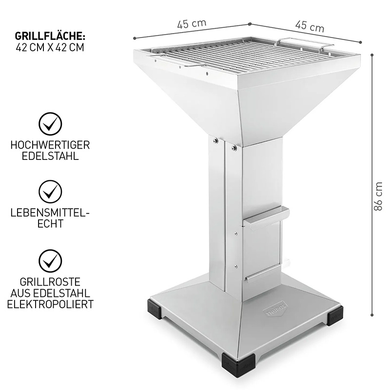 THÜROS T3 Holzkohlegrill, Edelstahl, 42x42 cm Grillfläche, lebensmittelecht, hochwertig, Grillsaison, Gastronomie, Balkon, elektrropolierter Grillrost, freistehend, einfache Reinigung, robuster Standfuß, deutscher Markenqualität.