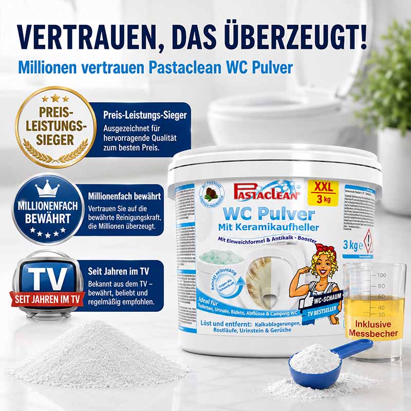 Pastaclean WC Pulver mit Keramikaufheller 3kg, Einweichformel, Antikalk-Booster, entfernt Kalkablagerungen, Rostflecken, Urinstein, Gerüche, ideal für Toiletten, Urinale, Bidets, Abflüsse, enthält Messbecher, TV Bestseller, preis-leistungs-sieger.