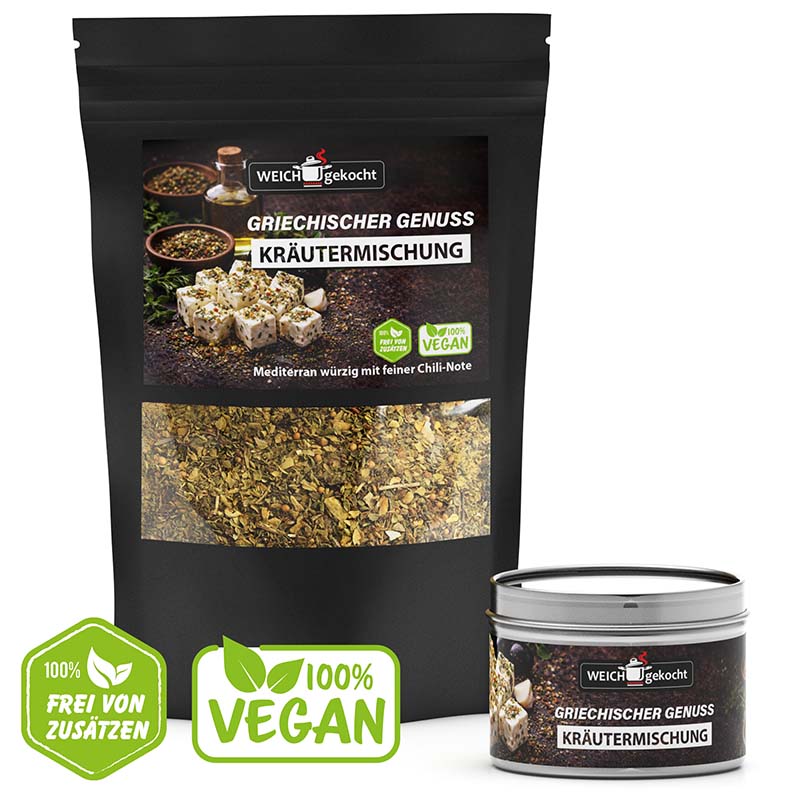 Griechischer Genuss Gewürze Set, Kräutermischung, 100 g, mediterran, mit Chili-Note, vegan, frei von Zusätzen, inklusive Dose, ideal für mediterrane Küche, würzige Kräutermischung.