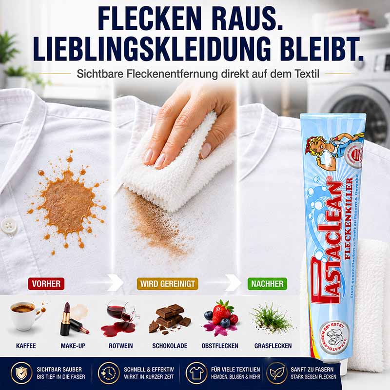 Fleckenpaste Fleckenentferner, 4x 100ml, sichtbar sauber, Fleckenentfernung auf Textil, Kaffee, Make-up, Rotwein, Schokolade, Obstflecken, Grasflecken, schnell und effektiv, für viele Textilien, Hemden, Blusen, sanft zu Fasern, stark gegen Flecken
