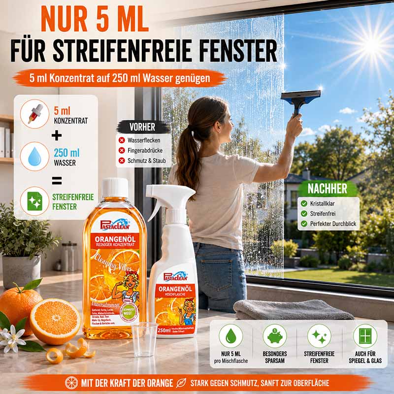 Pastaclean Orangenöl Reiniger Konzentrat zur streifenfreien Reinigung von Fenstern, stark gegen Wasserflecken und Schmutz, sparsam im Verbrauch, ideal für Glas und Spiegel.