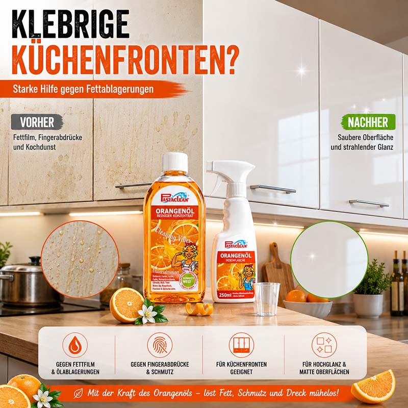 Pastaclean Orangenöl Reiniger Konzentrat, ideal zur Entfernung von Fett, Schmutz und Fingerabdrücken auf Küchenfronten, sorgt für saubere Oberflächen mit strahlendem Glanz, geeignet für Hochglanz- und matte Oberflächen.