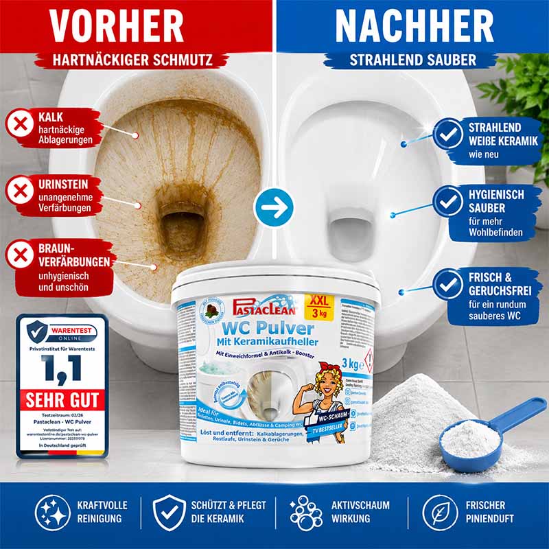 Pastaclean WC Pulver mit Keramikaufheller, 3kg, kraftvolle Reinigung, entfernt Kalk und Urinstein, strahlend weiße Keramik, hygienisch sauber, frischer Duft, Vorher-Nachher-Wirkung, Testsieger mit sehr gut, Antikalk-Booster, ideal für WC Reinigung.