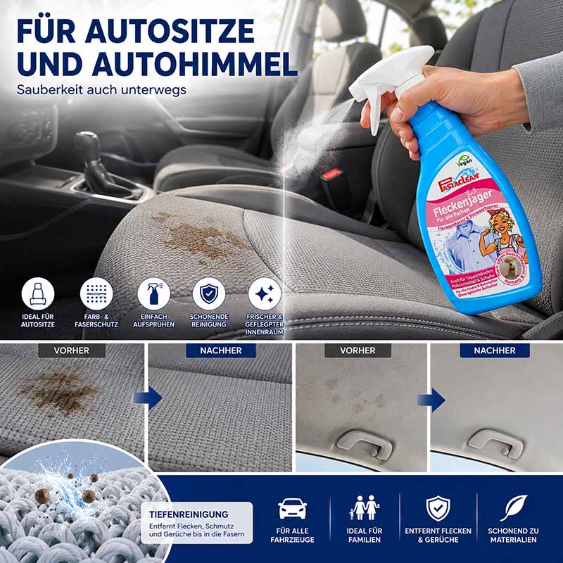 Fleckenentferner Spray 750 ml mit Schwamm für Autositzreinigung, entfernt Flecken und Schmutz, ideal für Autositze und Autohimmel, einfach anzuwenden, für alle Fahrzeugtypen geeignet, schonend zu Materialien, faserschonend, frischer Innenraum.