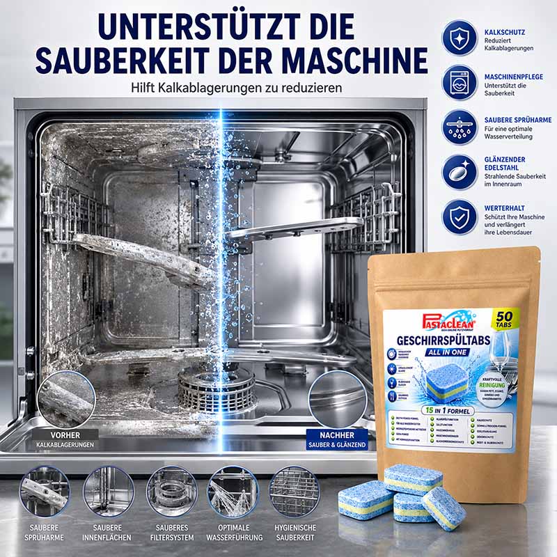 Spülmaschinentabs 50 Stück All-In-One, starke Fettlösekraft, Kalkschutz, Maschinenpflege, saubere Sprüh- und Innenflächen, glänzender Edelstahl, Werterhalt, saubere, hygienische Sauberkeit, optimale Wasserführung, Geschirrspültabs Reinigung.