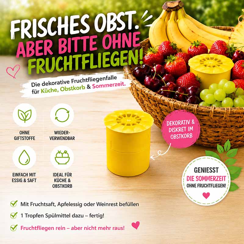 Fruchtfliegenfalle ohne Gift, 4 Stück, ideal für Küche und Obstkorb. Wiederverwendbar, einfach mit Fruchtsaft oder Apfelessig befüllen. Diskret und dekorativ im Obstkorb platziert. Perfekt für Sommerzeit, hält Fruchtfliegen fern.
