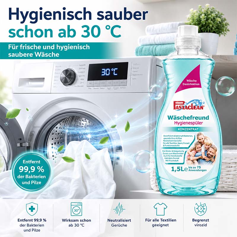 Wäschefreund Hygienespüler 1,5 Liter, Konzentrat, hygienisch sauber ab 30°C, entfernt 99,9 % der Bakterien und Pilze, neutralisiert Gerüche, geeignet für alle Textilien, wirksam ab niedrigen Temperaturen, Pastaclean.