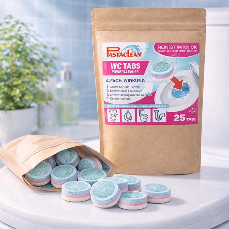 Pastaclean WC Tabs, WC-Reiniger, Toilettenreinigung, 50 Stück, Kalkentferner, Urinsteinentfernung, Sprudel-Formel, Geruchsentfernung, Spülkastenreinigung, Urinalreinigung, Keramikschutz, veganes Reinigungsmittel