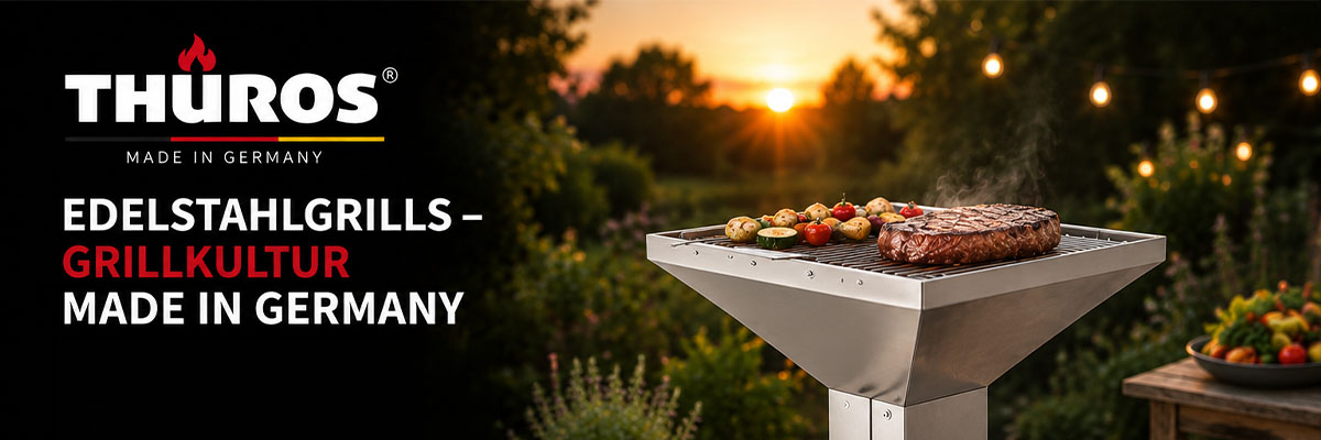 Thüros Edelstahlgrills, Grillkultur, Made in Germany, Grillen, Barbecue, Outdoor Küche, hochwertiger Grill, Garten, Kochen im Freien, Grillen im Freien, Grillausstattung, BBQ Zubehör, Sommer, Abendstimmung.