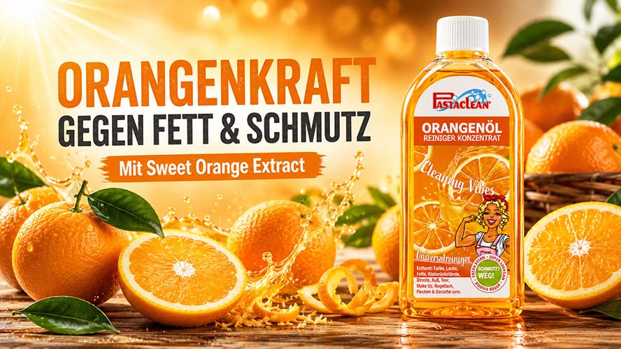 Pastaclean Orangenöl Reiniger Konzentrat gegen Fett und Schmutz, mit Sweet Orange Extract für Reinigung von Küche, Bad und Haushaltsoberflächen.