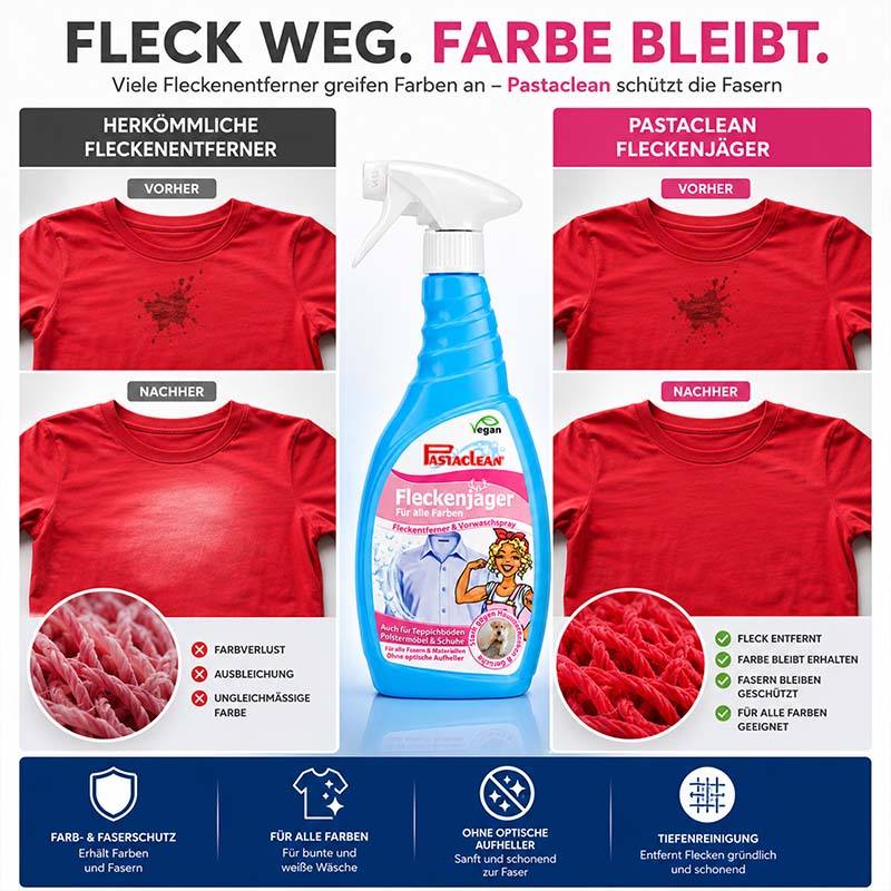 Fleckenjäger Fleckenentferner Spray 750 ml mit Schwamm, Farbe bleibt erhalten trotz Entfernung von Flecken. Kein Farbverlust, geeignet für alle Textilien, vegan, Pastaclean Produkt, schonend zur Faser, ohne optische Aufheller.
