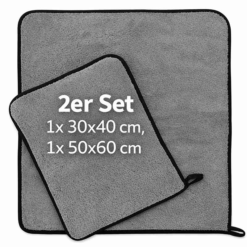 2er Set Trockentuch grau, Fast Dry Micro Magic, Microfasertuch für Auto, Dusche, Haushalt. Größen: 1x 30x40 cm, 1x 50x60 cm. Ideal zum schnellen Trocknen und Reinigen.