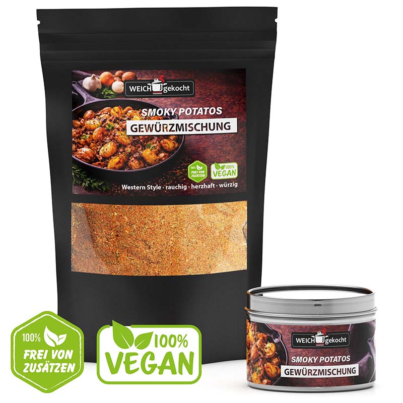 Smoky Potatos Gewürzmischung Set 100g, Western Style, rauchig, würzig, vegan, Gewürzdose, Gewürztüte, frei von Zusätzen, ideal für Kartoffeln, vegane Küche, Weich gekocht Marke, aromatische Würzmischung.