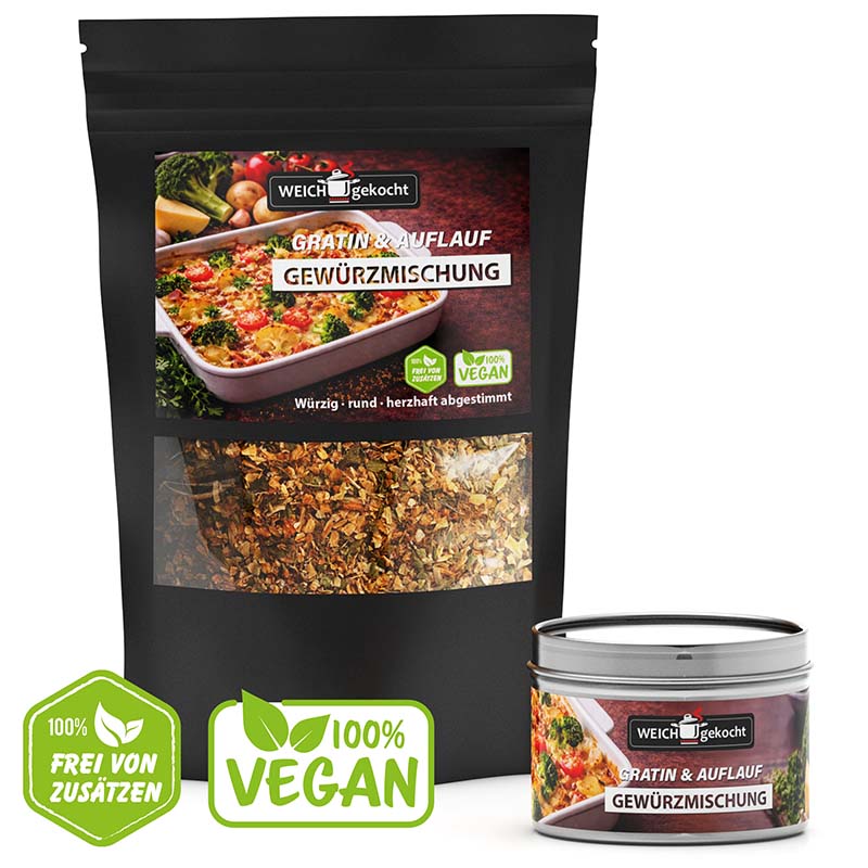 Gratin & Auflauf Gewürze Set 100 g, inklusive Dose, vegan, frei von Zusätzen. Verpackung mit sichtbarer Gewürzmischung, ideal für Aufläufe und Gratins. Perfekt abgestimmte Würzmischung für vielfältige Anwendungen in der Küche.