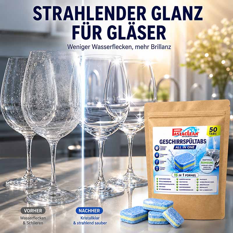Spülmaschinentabs All-In-One 50 Tabs, starke Fettlösekraft, strahlender Glanz für Gläser, weniger Wasserflecken, kristallklar, Geschirrspültabs, Reinigung, vorher-nachher Effekt, Spülmittel, kraftvolle Reinigung, klare Gläser, Hausreinigung.