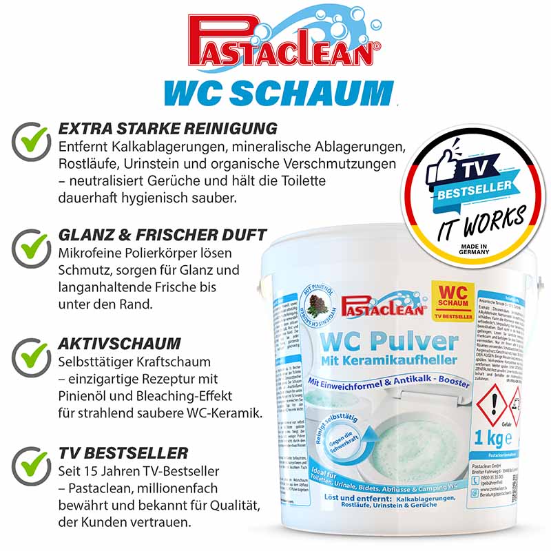 Pastaclean WC Schaum Reiniger, 1 kg, entfernt Kalk, Urinstein, Rost, organische Verschmutzungen; mit frischem Duft, Aktivschaum und Keramikaufheller; Bestseller-Produkt in Deutschland für hygienisch saubere Toiletten.