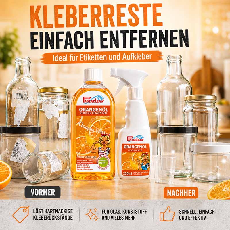 Pastaclean Orangenöl Reiniger Konzentrat zur Entfernung von Etiketten und Aufklebern auf Glas und Kunststoff, ideal für hartnäckige Kleberückstände, effizient und vielseitig einsetzbar im Haushalt.