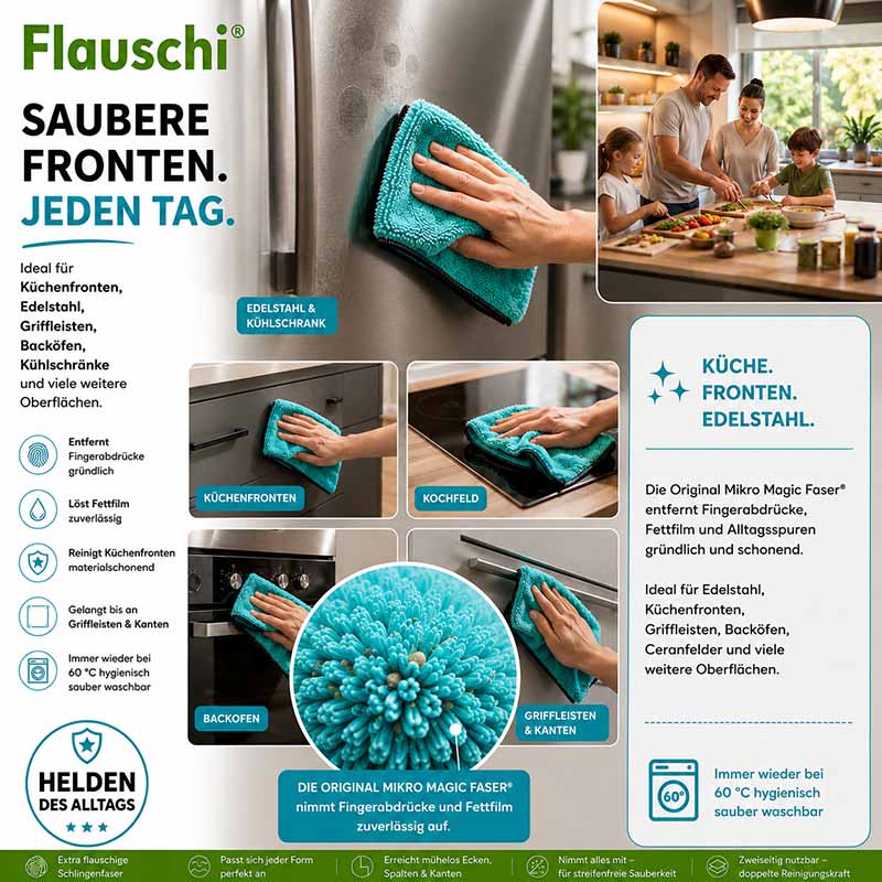 Flauschi Flauschtücher Mikrofasertuch Set antibakteriell, ideal für Küchenfronten, Edelstahl, Backöfen und Küchenschränke, entfernt Fingerabdrücke und Fettfilme gründlich und schonend, 10-teiliges Set, bunt