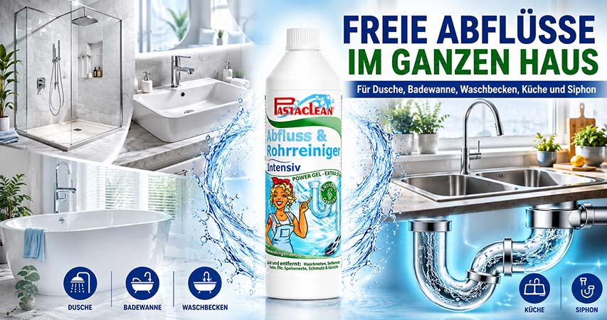 Pastaclean Abflussreiniger Intensiv für Dusche, Badewanne, Waschbecken, Küche und Siphon, entfernt Kalk, Seifenreste und Schmutz, Power Gel für freie Abflüsse im Haus