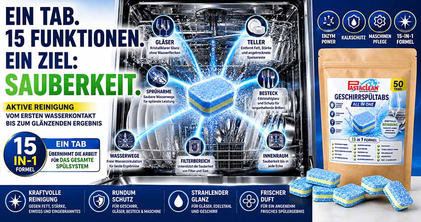 Geschirrspültabs 15-in-1, starke Reinigung, Kalkschutz, Spülmaschine, Glanz für Gläser und Besteck, 50 Tabs, Fastaclean, Enzym-Power, aktives Reinigungssystem, kraftvolle Reinigung, frischer Duft, rundum Schutz, strahlender Glanz, Maschinenpflege.