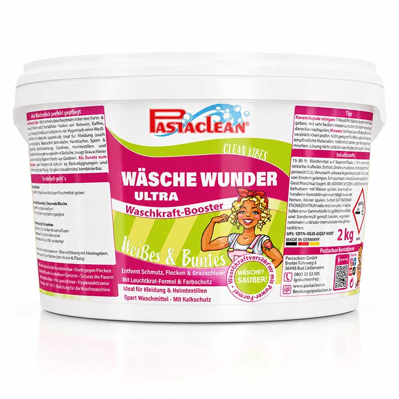 Pastaclean Wäsche Wunder Ultra Waschkraft-Booster für Weiß- & Buntwäsche, 2 kg, entfernt Schmutz und Flecken, ideal für Kleidung und Heimtextilien, hält Fasern und Farben, für Waschmaschine geeignet