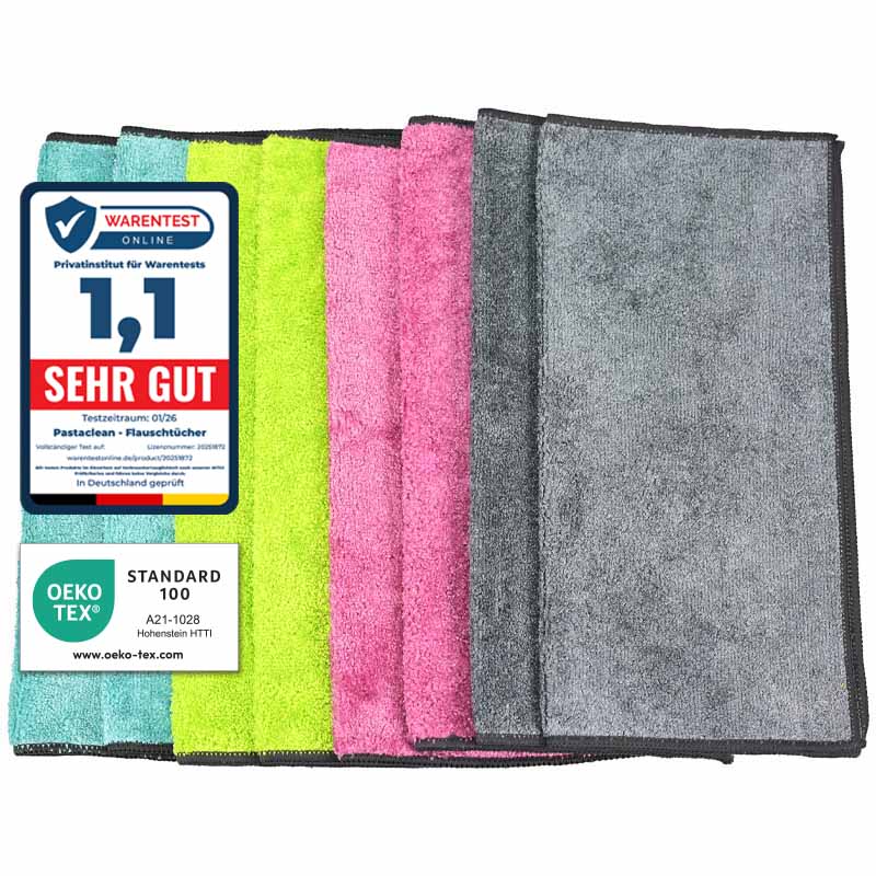 Flauschi Reinigungstücher, 8-teilig, bunt, ideale Putztücher für Küche und Bad, farbenfrohe Mikrofaser-Tücher, geeignet für vielseitige Reinigung, hohe Saugfähigkeit, Öko-Tex Standard 100 zertifiziert, Warentest "Sehr Gut" Bewertung.