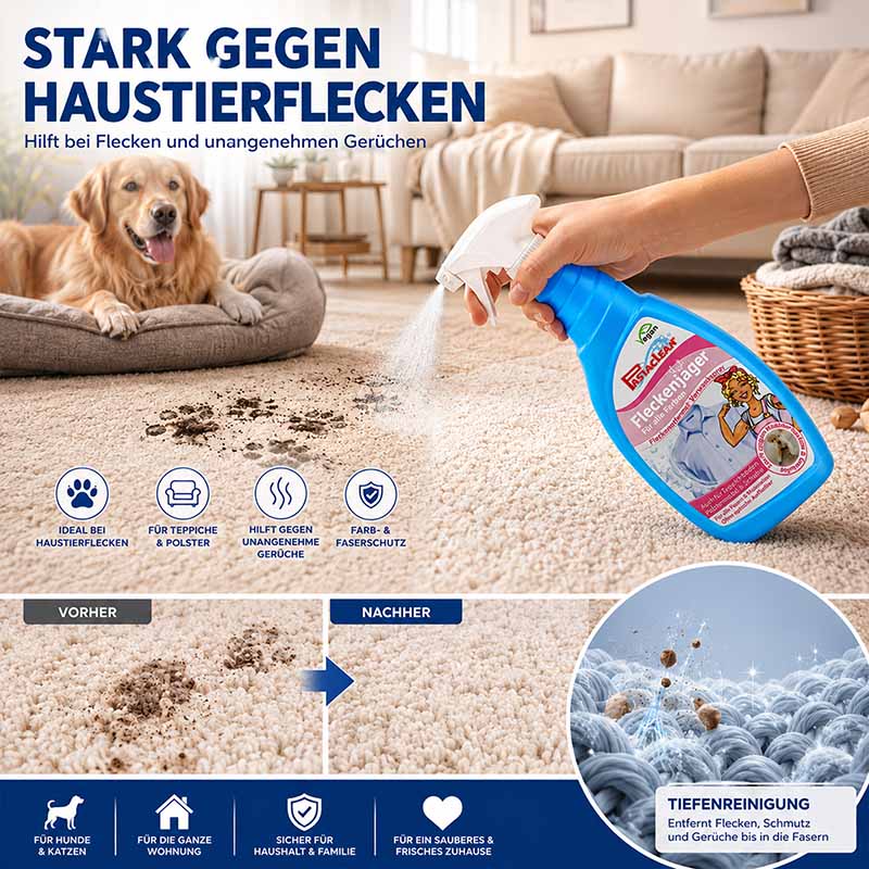 Fleckenentferner Spray 750 ml mit Schwamm, ideal für Haustierfleckenentfernung auf Teppichen, Polstern, neutralisiert Gerüche, materialschonend, geeignet für Haushalt und Familie, sorgt für sauberen und frischen Wohnbereich.