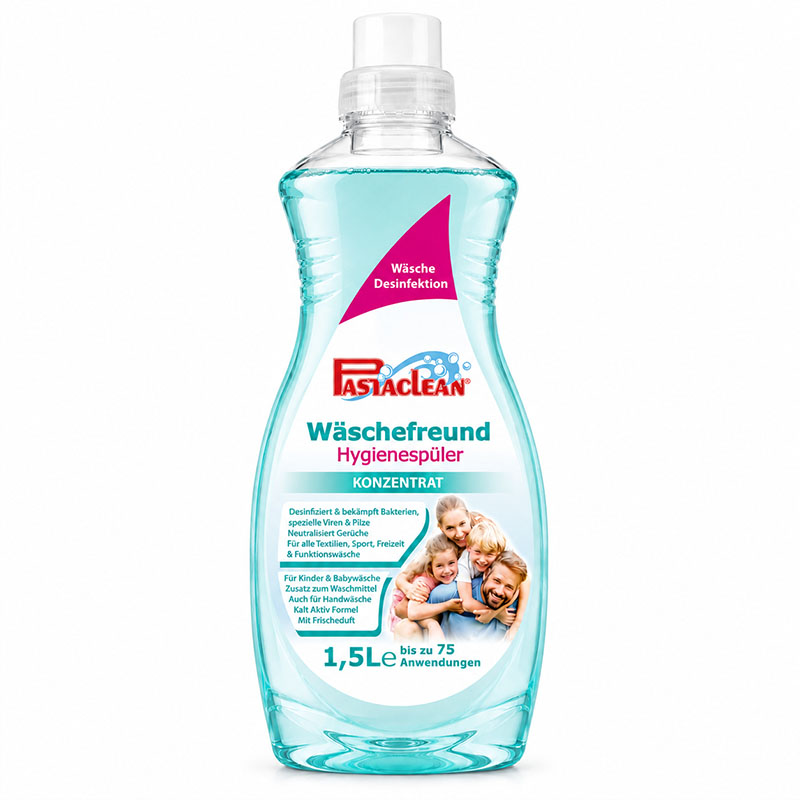 Wäschefreund Hygienespüler 1,5 Liter Flasche, PascClean, Desinfektion, Bakterienbekämpfung, für alle Textilien, Konzentrat, Frischeduft, bis zu 75 Anwendungen, Haushaltsreiniger, Wäschepflege, Kalk-aktiv, Sport und Freizeitwäsche.