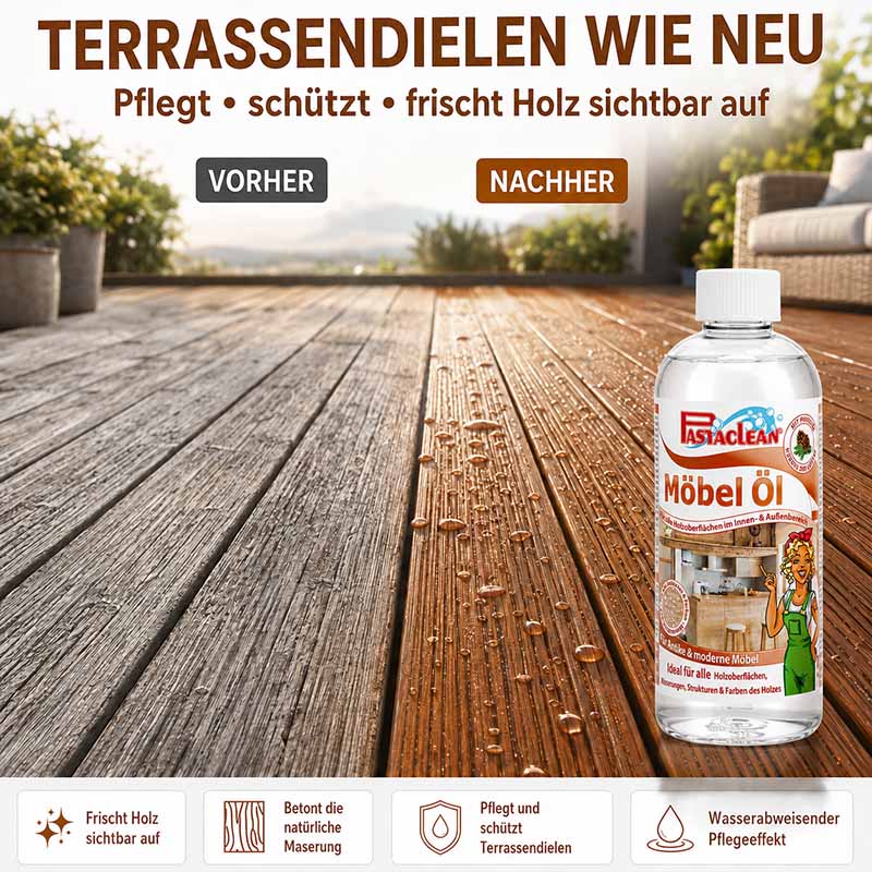 Pastaclean Möbelöl mit Pinie, 750 ml, für Holzpflege, betont Maserung, frischer Look für Innen- und Außenmöbel, schützt Terrassendielen, wasserabweisender Effekt