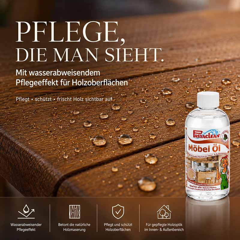Pastaclean Möbel Öl mit Pinie, 750 ml zur Pflege und Schutz von Holzoberflächen, betont natürliche Holzmaserung, wasserabweisend, geeignet für Innen- und Außenbereich, frischend und schützend gegen Abnutzung.