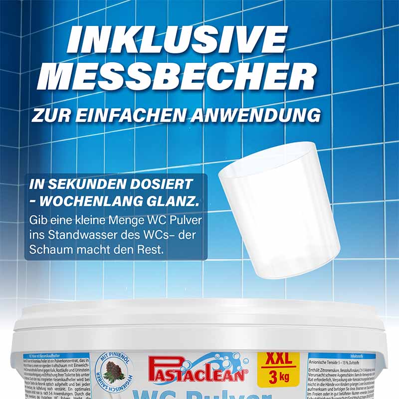 Pastaclean WC Schaum Pulver 3 kg – mit praktischem Messbecher zur einfachen Dosierung, in Sekunden dosiert für hygienische Frische und wochenlangen Glanz in Toilette, Bidet & Urinal
