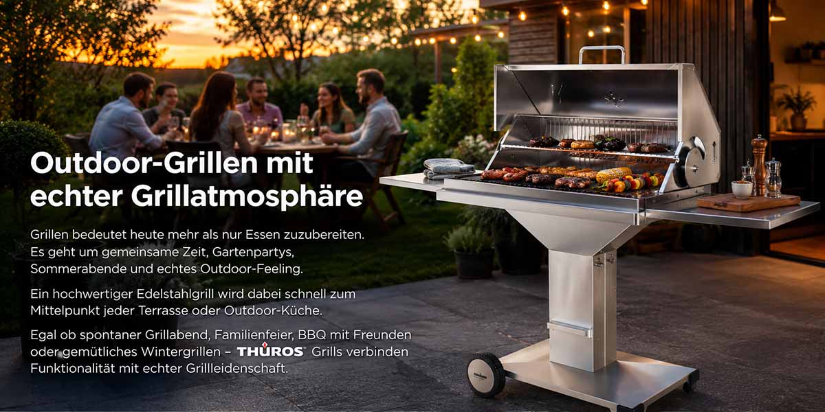 Edelstahlgrill Thüros für Gartenpartys, BBQ, Outdoor-Küche, hochwertige Grillausstattung, Sommerabende, Terrassenmitte, Grillen mit Freunden, echte Grillatmosphäre, Funktionalität, Outdoor-Feeling, Gartengrill, gemütliches Wintergrillen, Grillgesellschaft