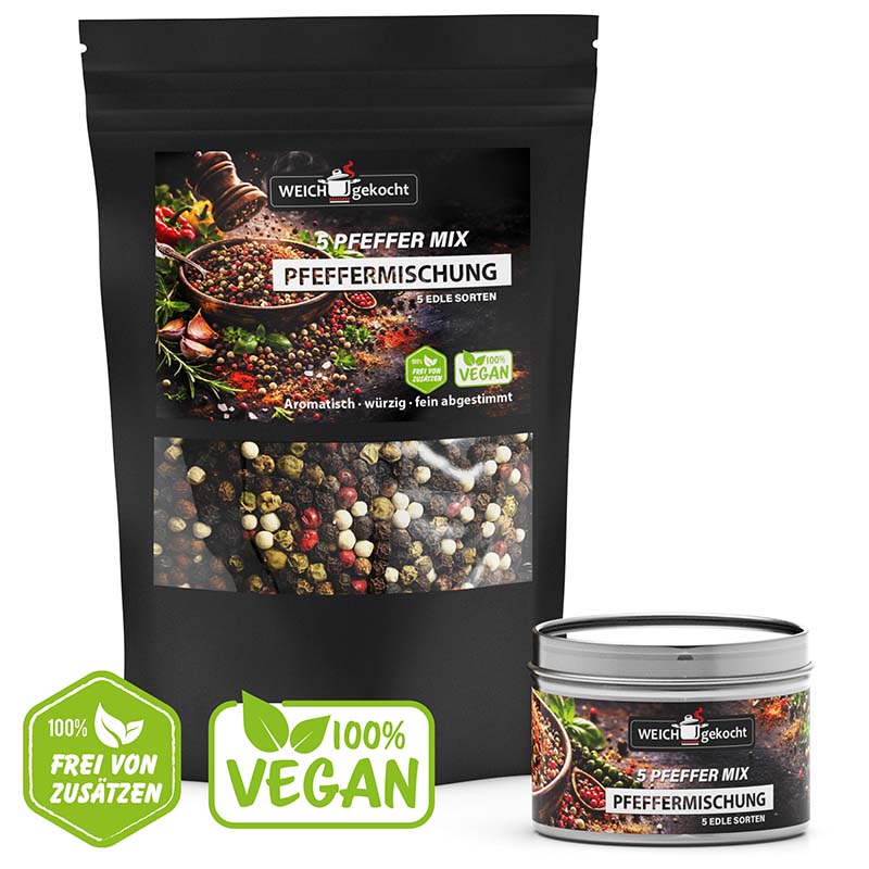 5 Pfeffer Mix Gewürze Set, Pfeffermischung 100 g, Gewürzbeutel mit Dose, vegan, ohne Zusatzstoffe, aromatisch, würzig, fein abgestimmt, edle Sorten, Produktabbildung, hochwertige Verpackung, ideal für Kochliebhaber, Geschenkidee, Gewürzset.