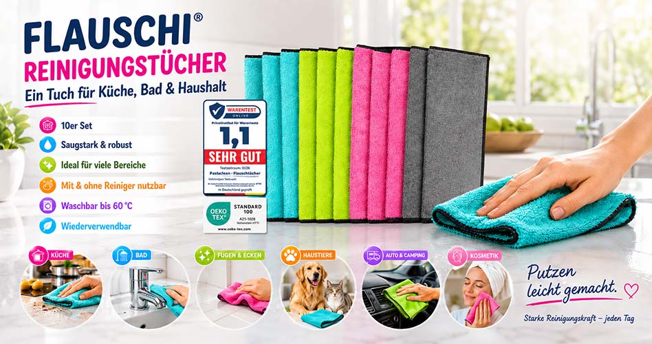 Flauschi Reinigungstücher 10er Set für Küche, Bad und Haushalt, saugstark und robust, wiederverwendbar, waschbar bis 60°C, ideal für viele Bereiche, nutzbar mit und ohne Reiniger